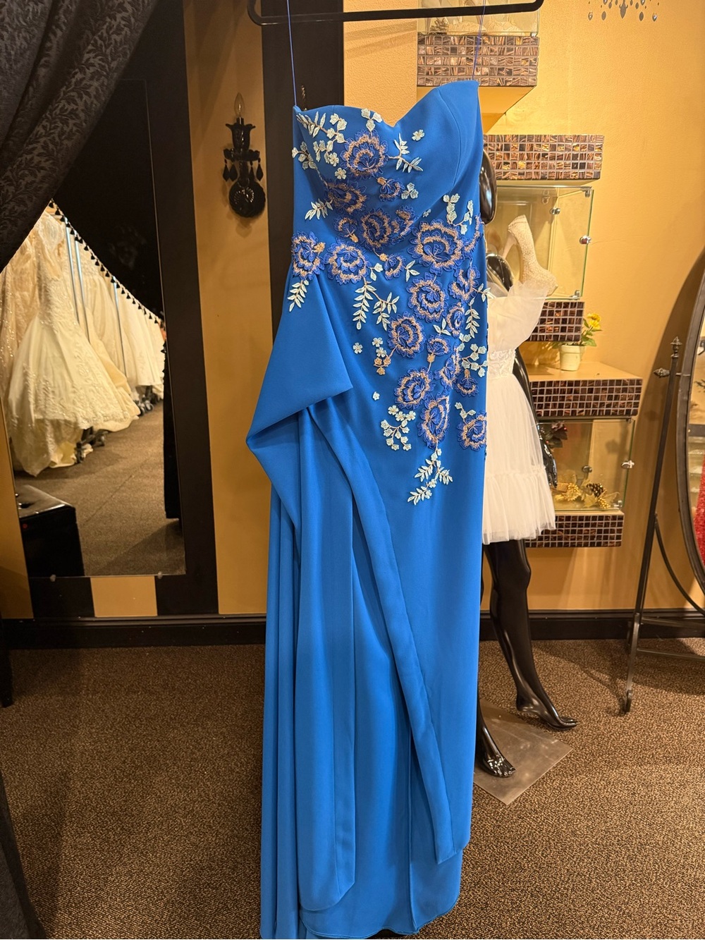 Elegant Blue Embroidered Strapless Evening Gown